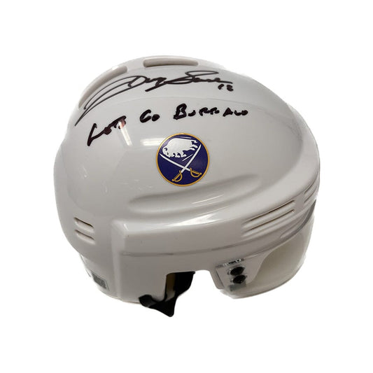 Danny Gare Signed Sabres White Mini Helmet with "Lets Go Buffalo" Signed Hockey Mini Helmet TSE Buffalo 