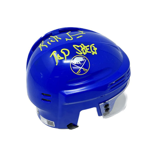 Rick Jeanneret Signed Sabres Blue Mini Helmet with "Top Shelf" Signed Hockey Mini Helmet TSE Buffalo 